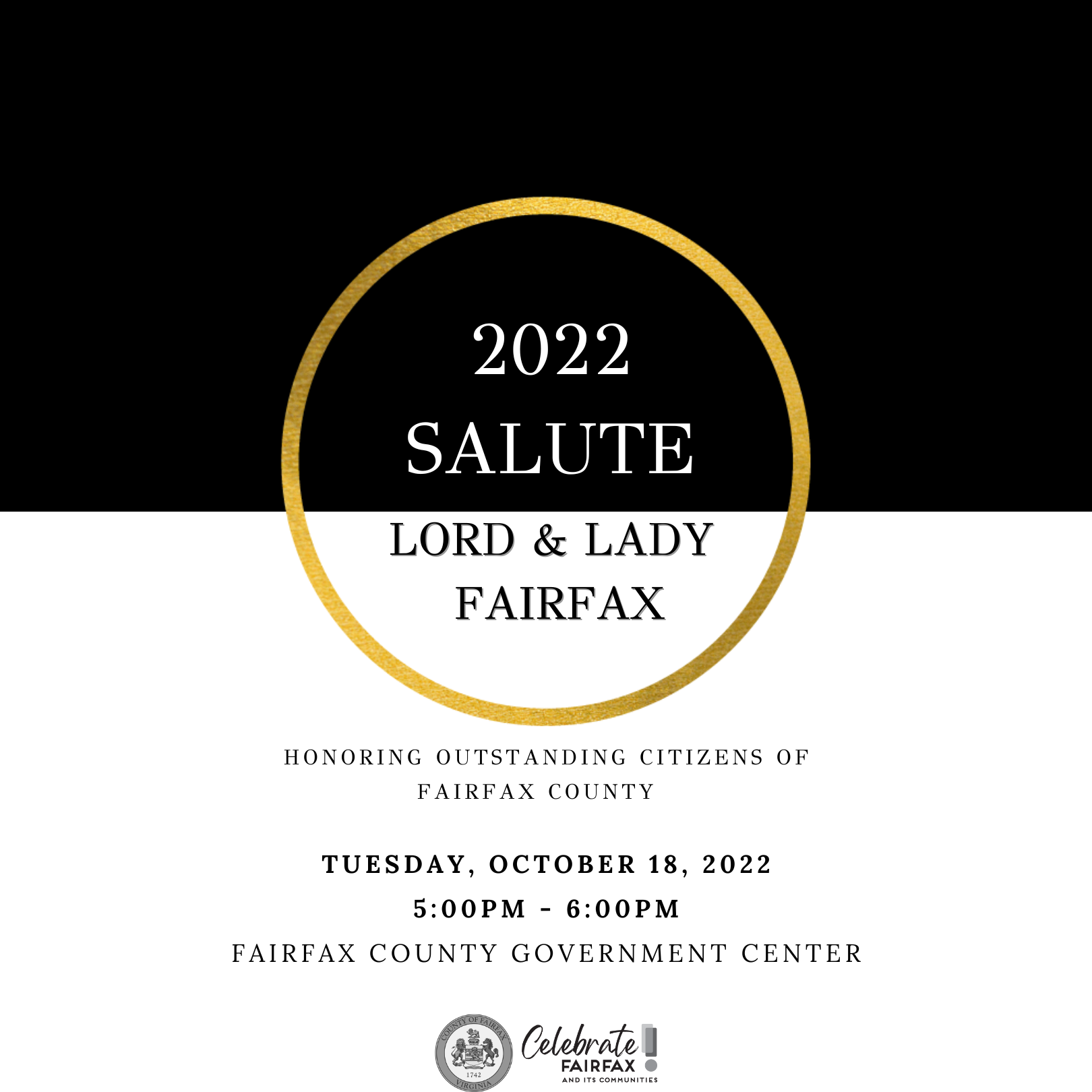 information flyer for the 2022 salute to lord and lady fairfax at the fairfax county government center
