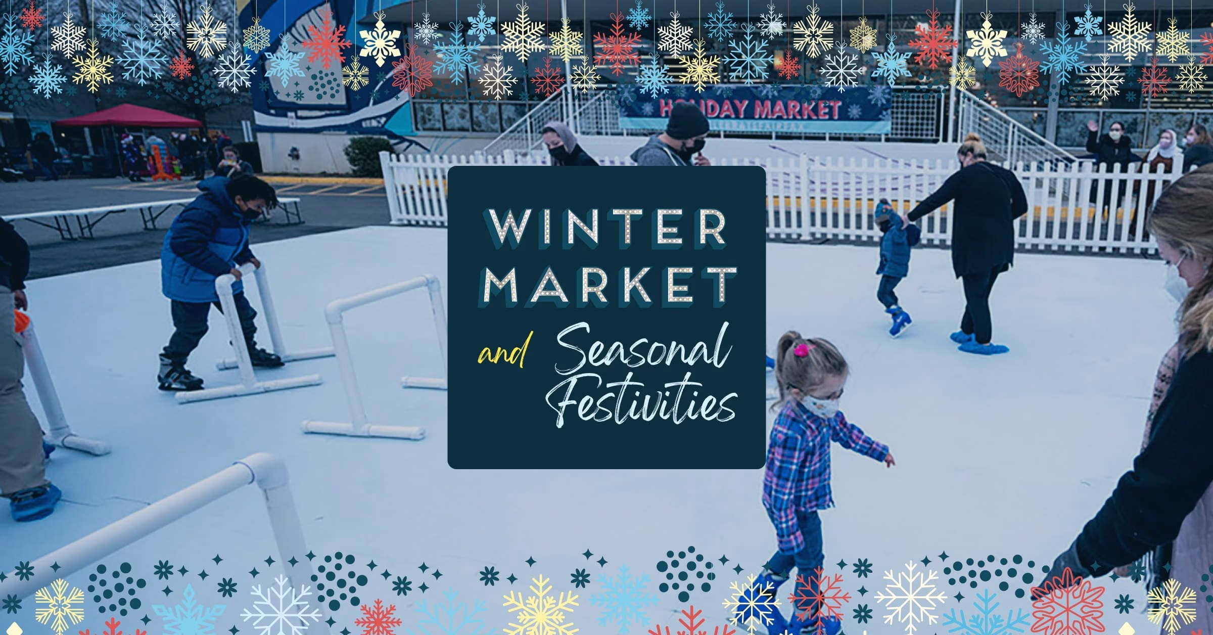 A winter market with people ice skating and enjoying seasonal festivities