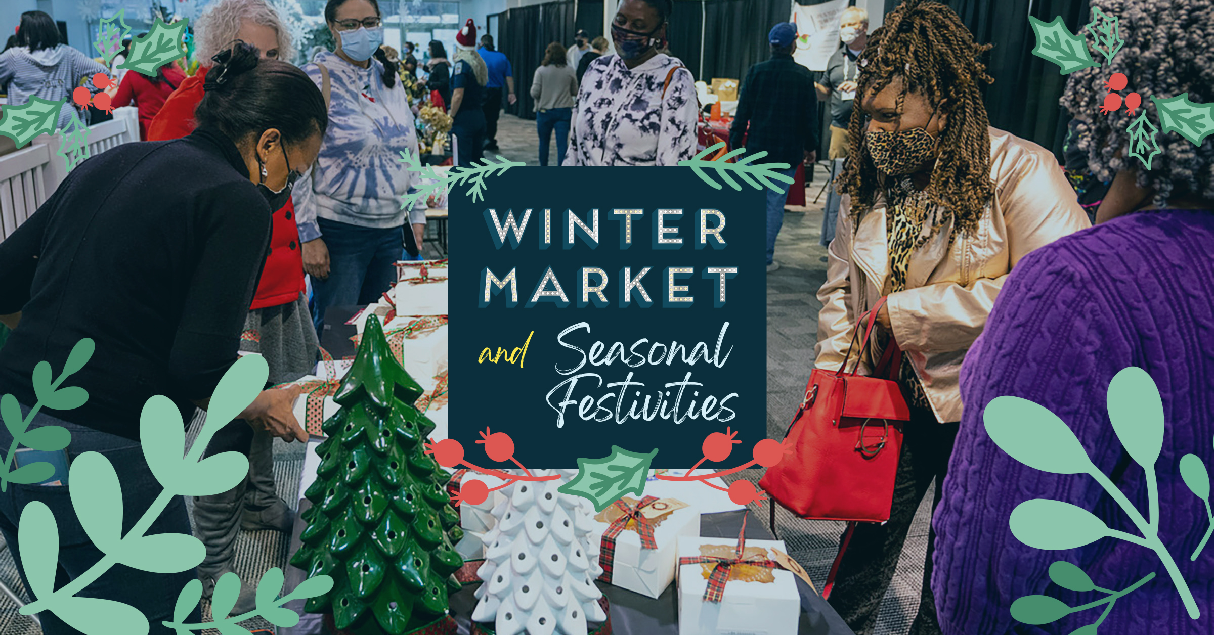 graphic of the Winter market logo laid on top of image of a woman buying goods from a vendor