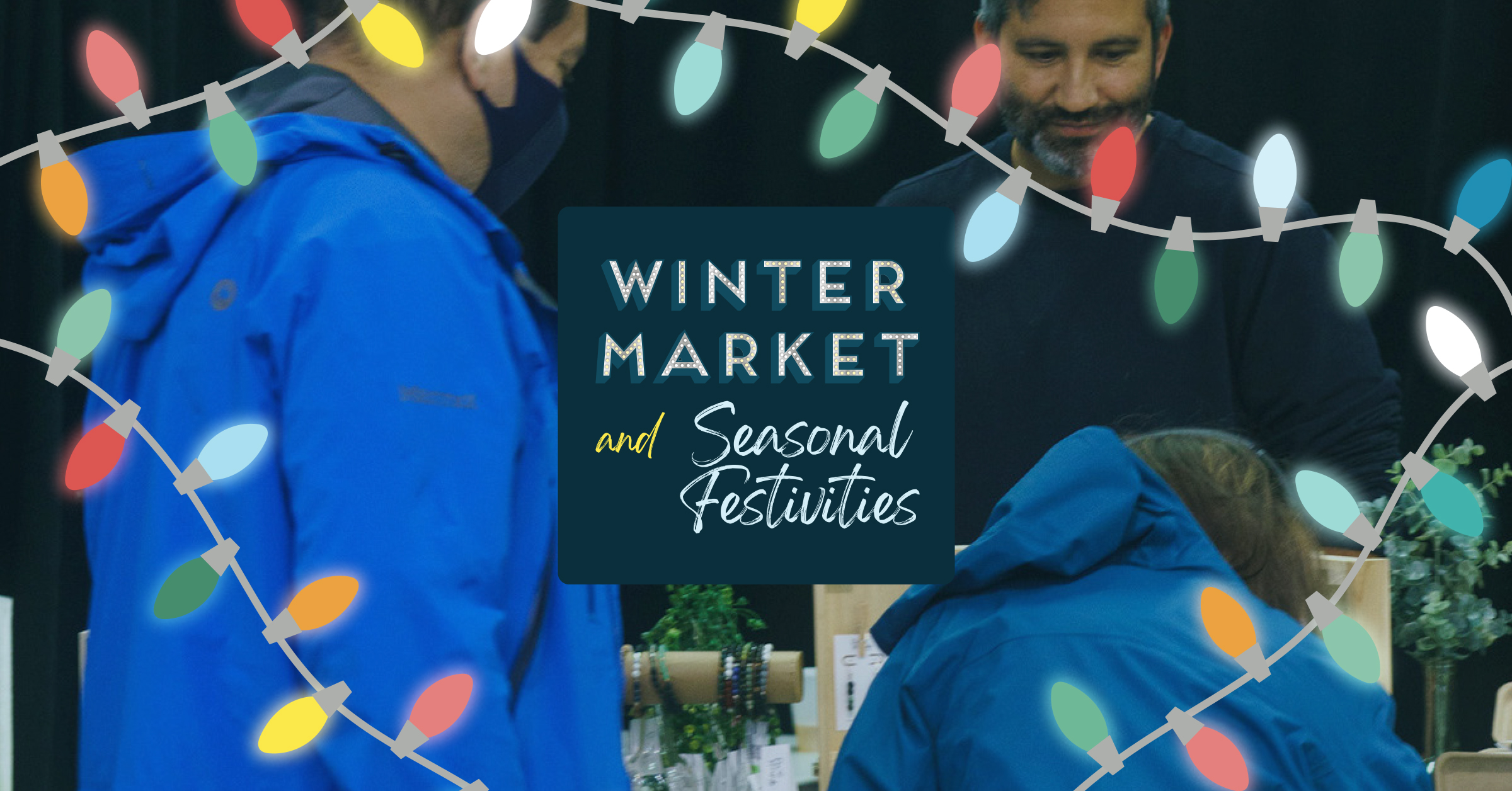 graphic of the Winter market logo laid on top of image of a man buying goods from 2 vendors