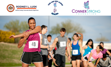 graphic for the connor strong foundation with runners stretching for a marathon