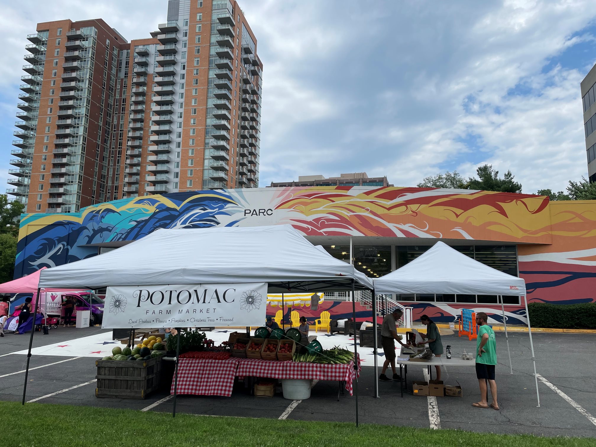 Potomac Farm Market stand set up at The PARC at Tysons