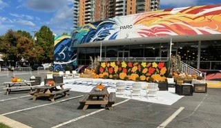 Exterior of The PARC at Tysons with the Fall Lounge, including pumpkins and leaves decor, picnic tables and seating.