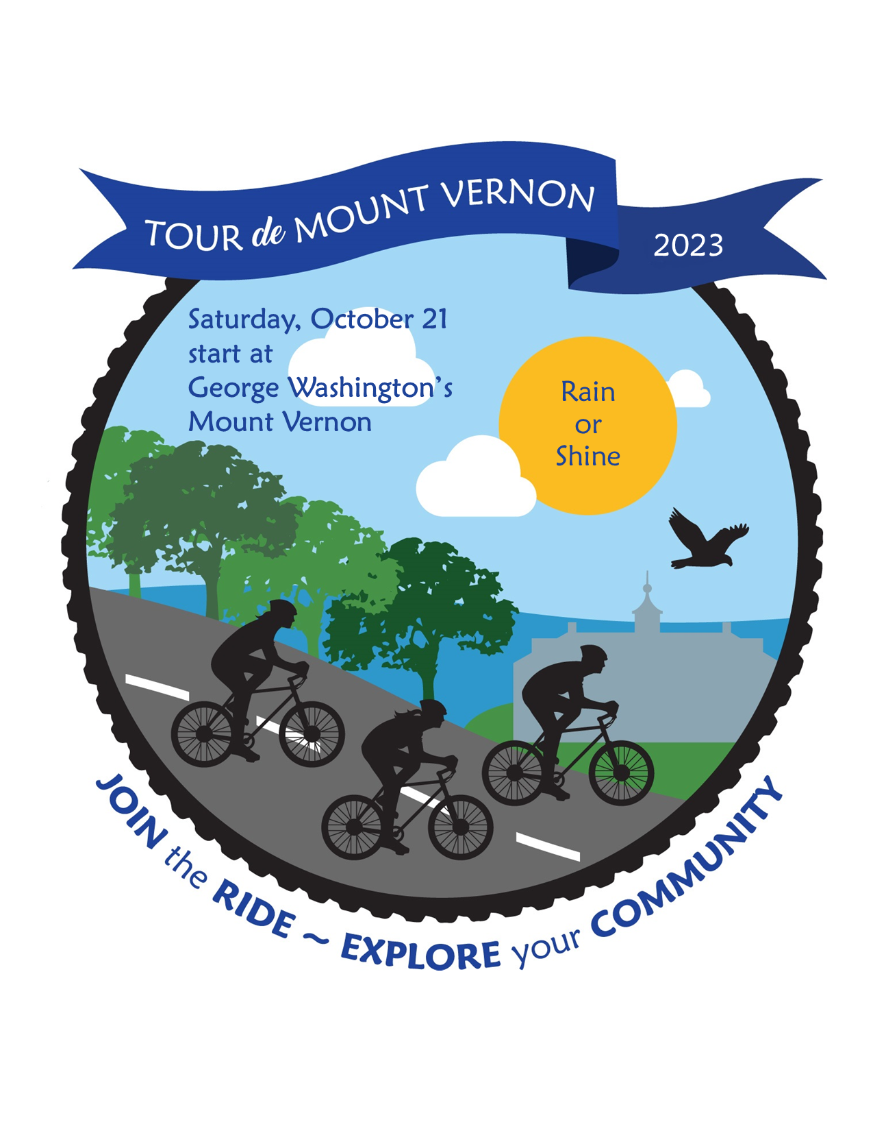 Tour de Mount Vernon logo with illustration of people biking next to Potomac River, a sun and text.