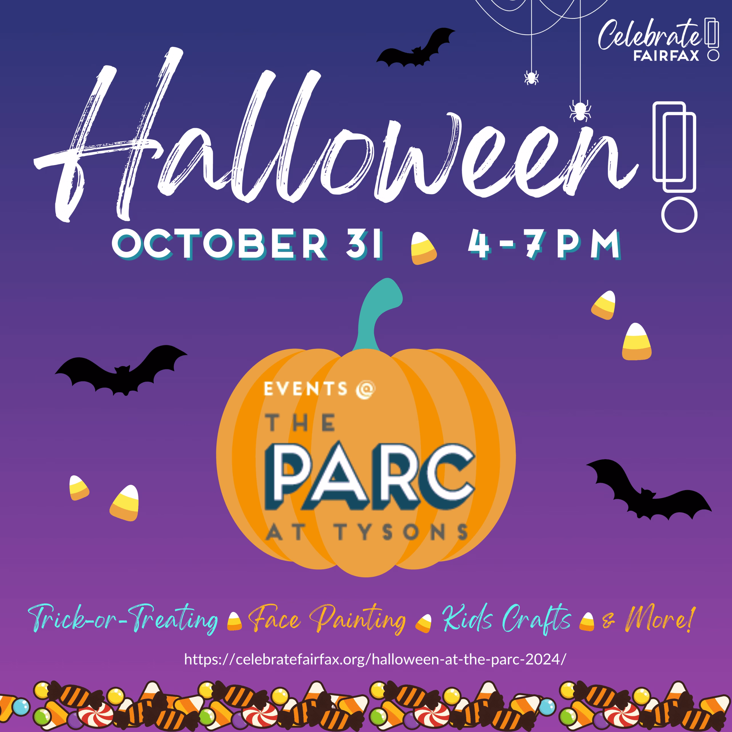 A Halloween event at The Parc at Tysons, featuring trick-or-treating, face painting, kids' crafts, and more.