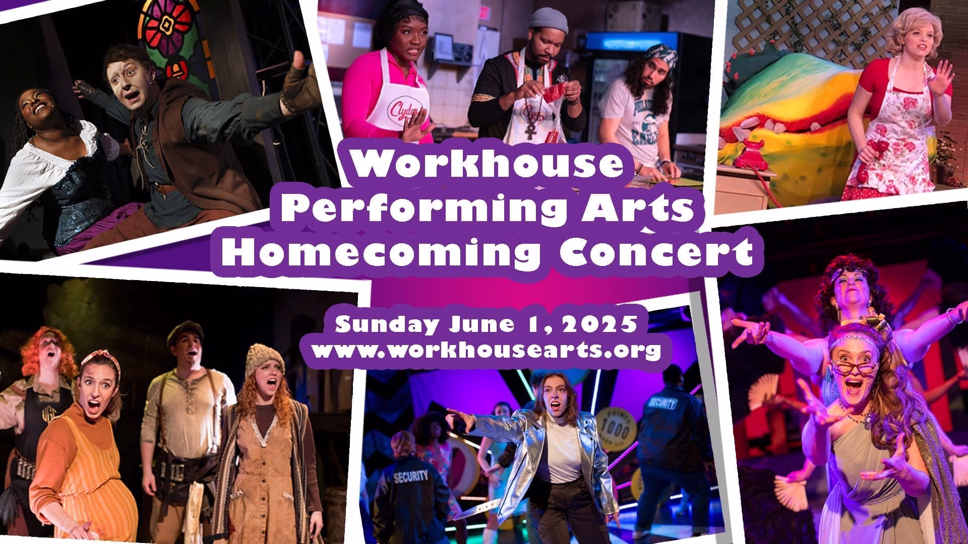 A vibrant collage of performers and security personnel at the Workhouse Performing Arts Homecoming Concert, showcasing the event's energy and diversity.