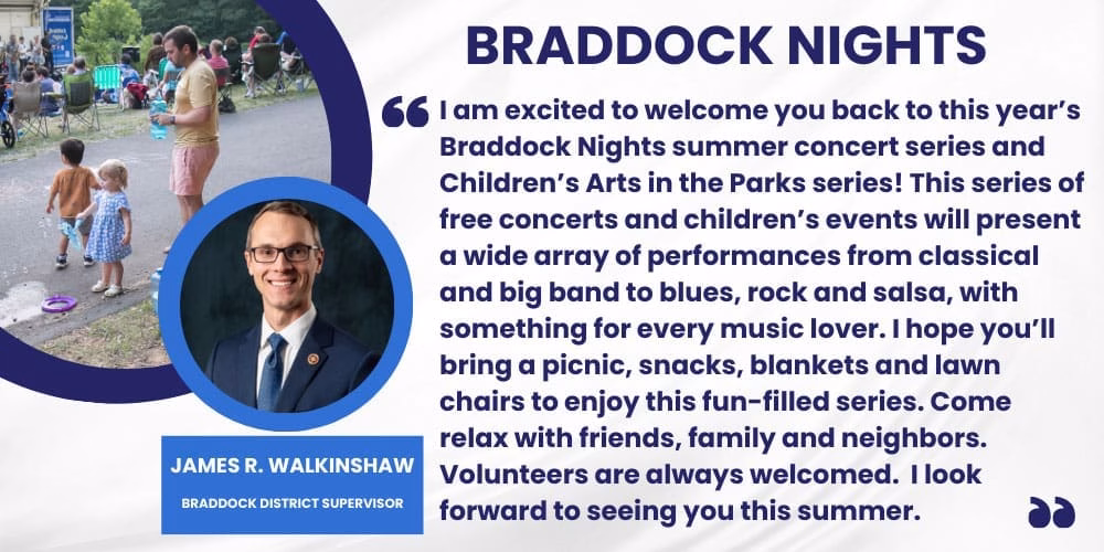 A man in a suit and tie standing in front of a crowd of people, with a quote about the Braddock Nights summer concert series and children's events.