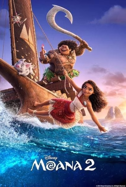 Moana 2 movie poster featuring Moana and Maui sailing on the ocean