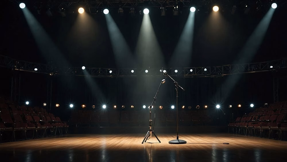 A stage with spotlights and a microphone, representing the world of performance and creativity.