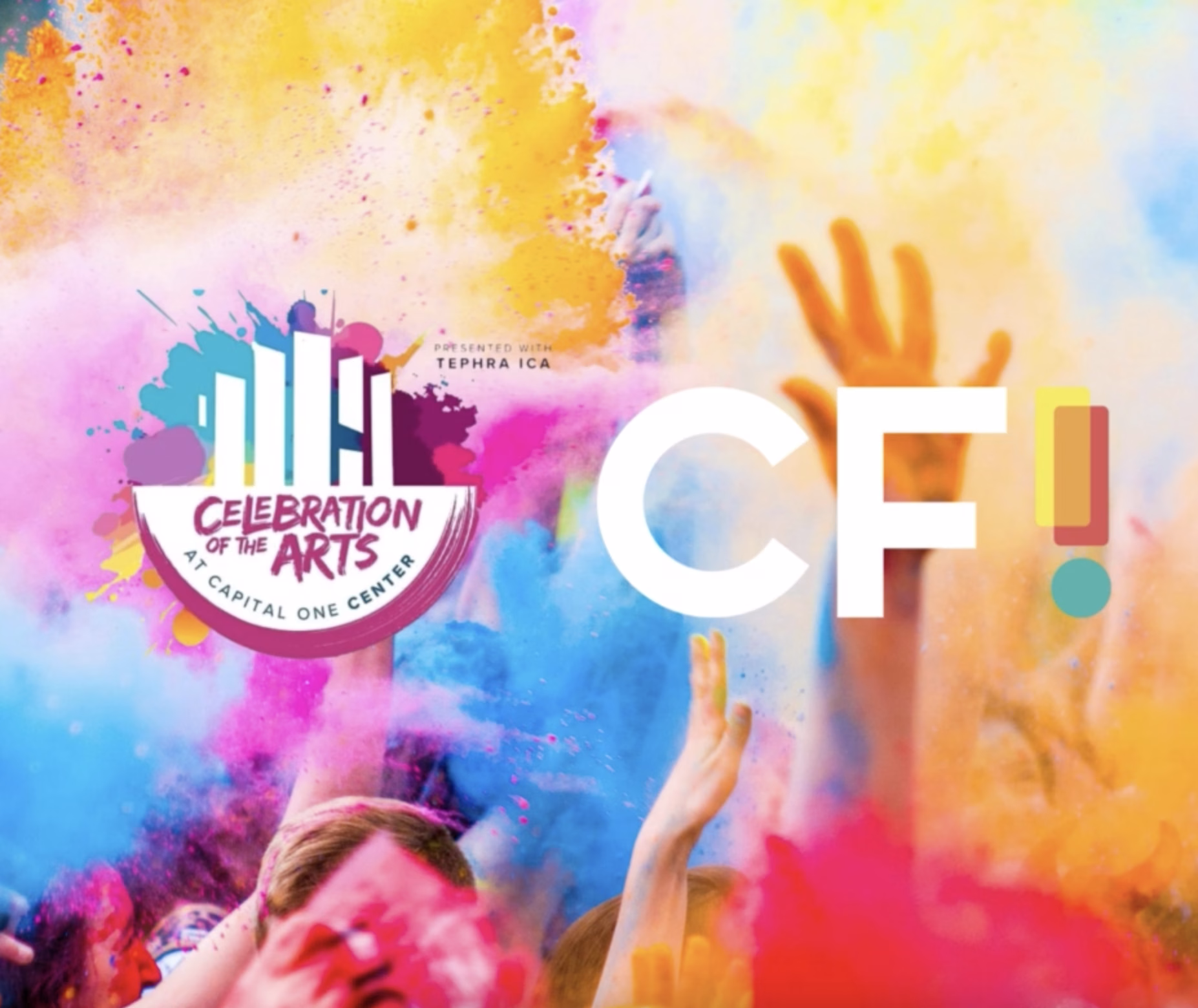 A vibrant image of a crowd of people at an arts celebration, with a logo and text overlay.