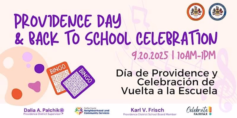 A flyer for the Providence Day and Back to School Celebration, featuring a bingo card and a paint palette.