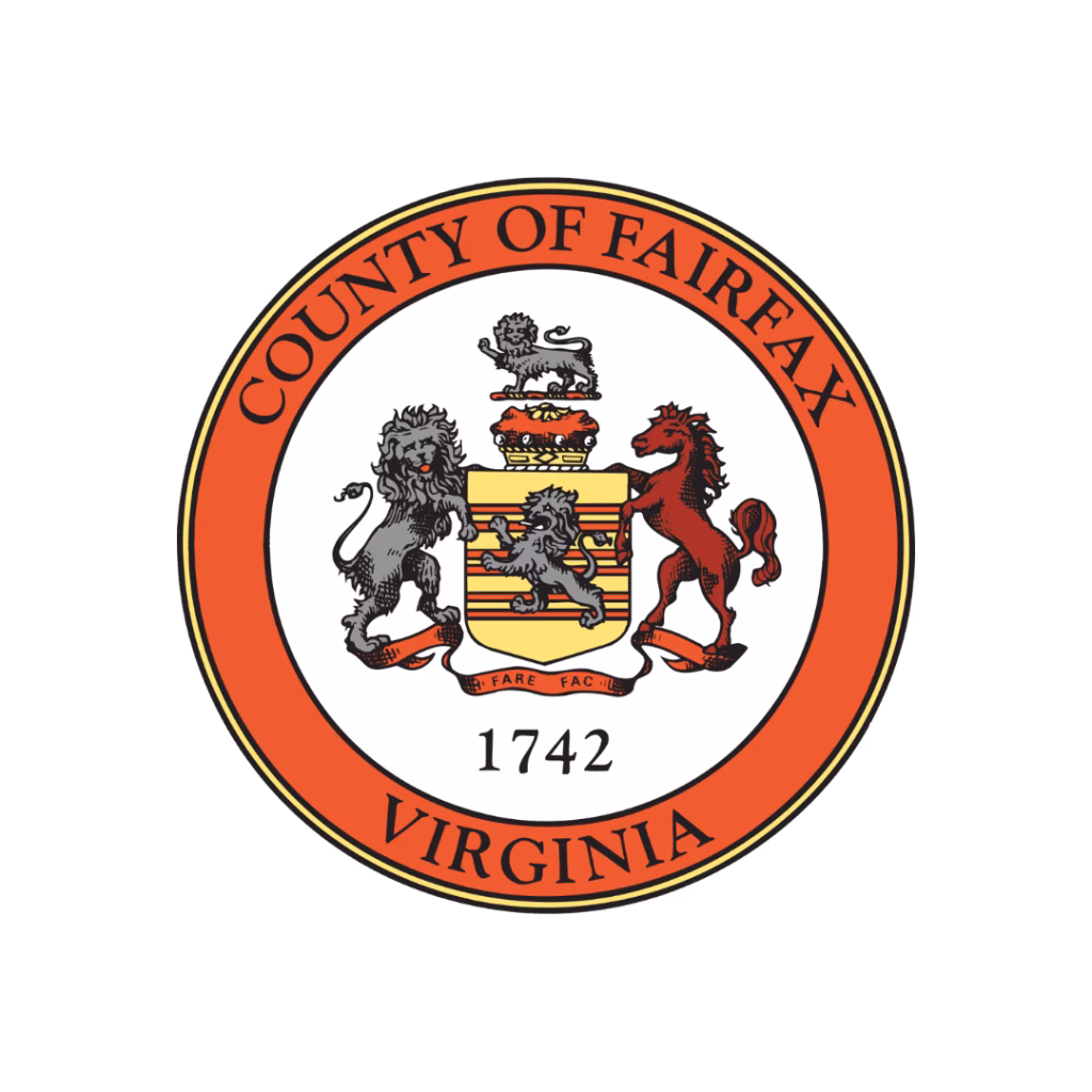 The County of Fairfax Virginia seal features a shield with two lions and a horse, symbolizing strength and courage.