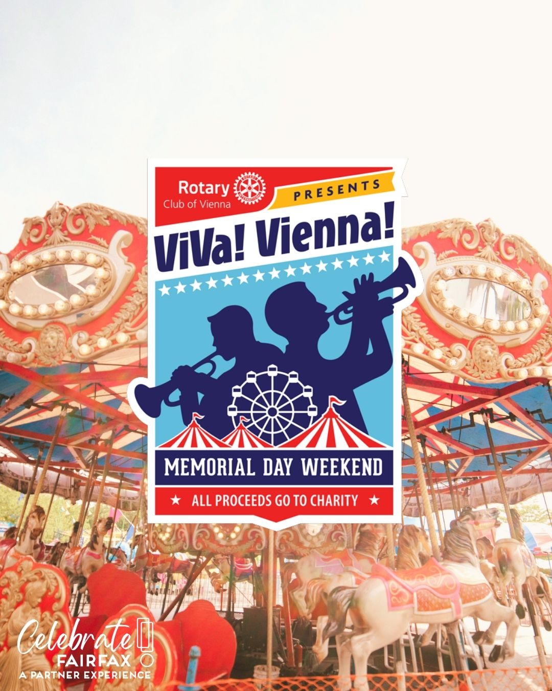 Image of a carousel and a poster for Memorial Day Weekend in Vienna, Virginia