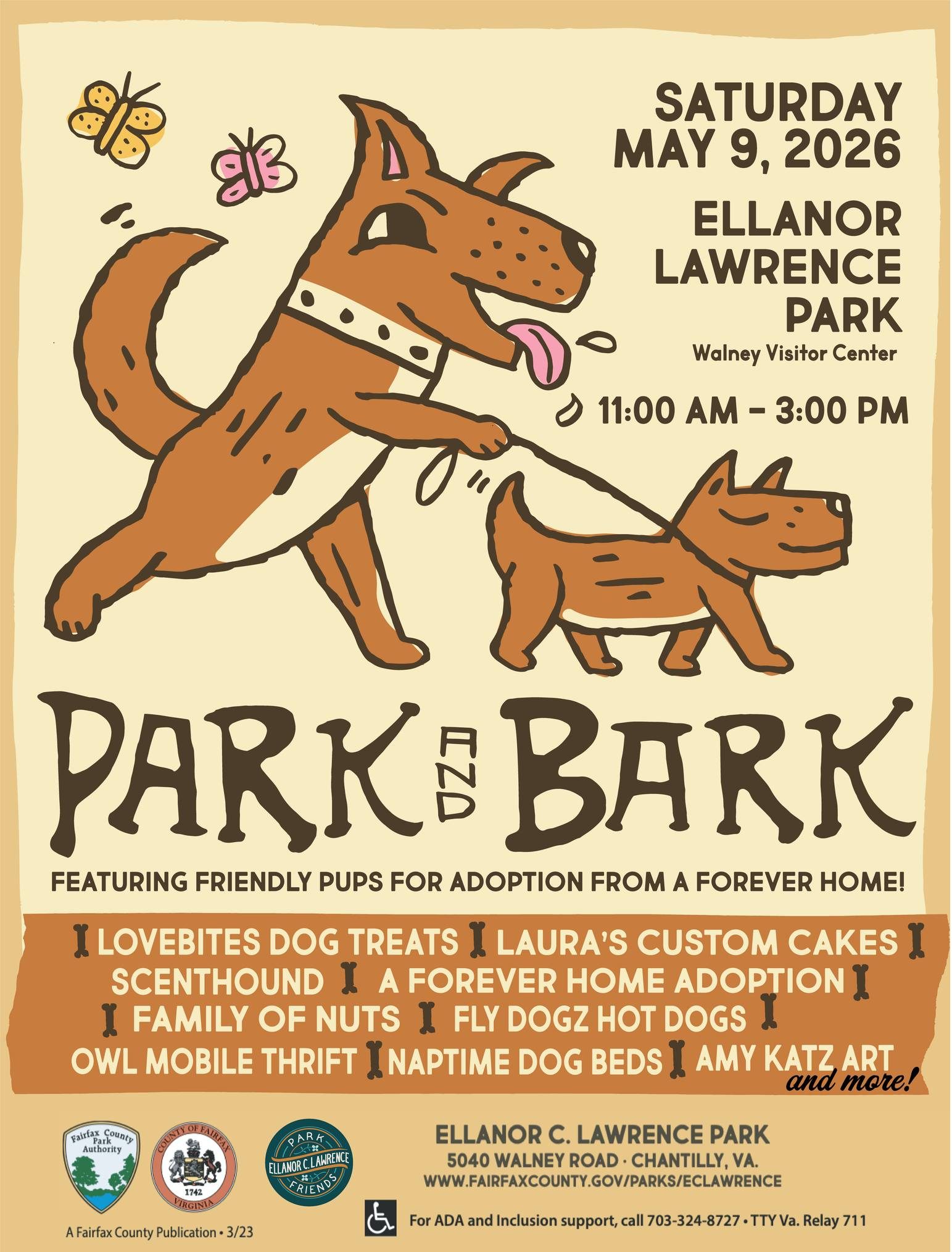 A flyer for the Park and Bark event, featuring a cartoon dog and butterfly, with text describing the event details.