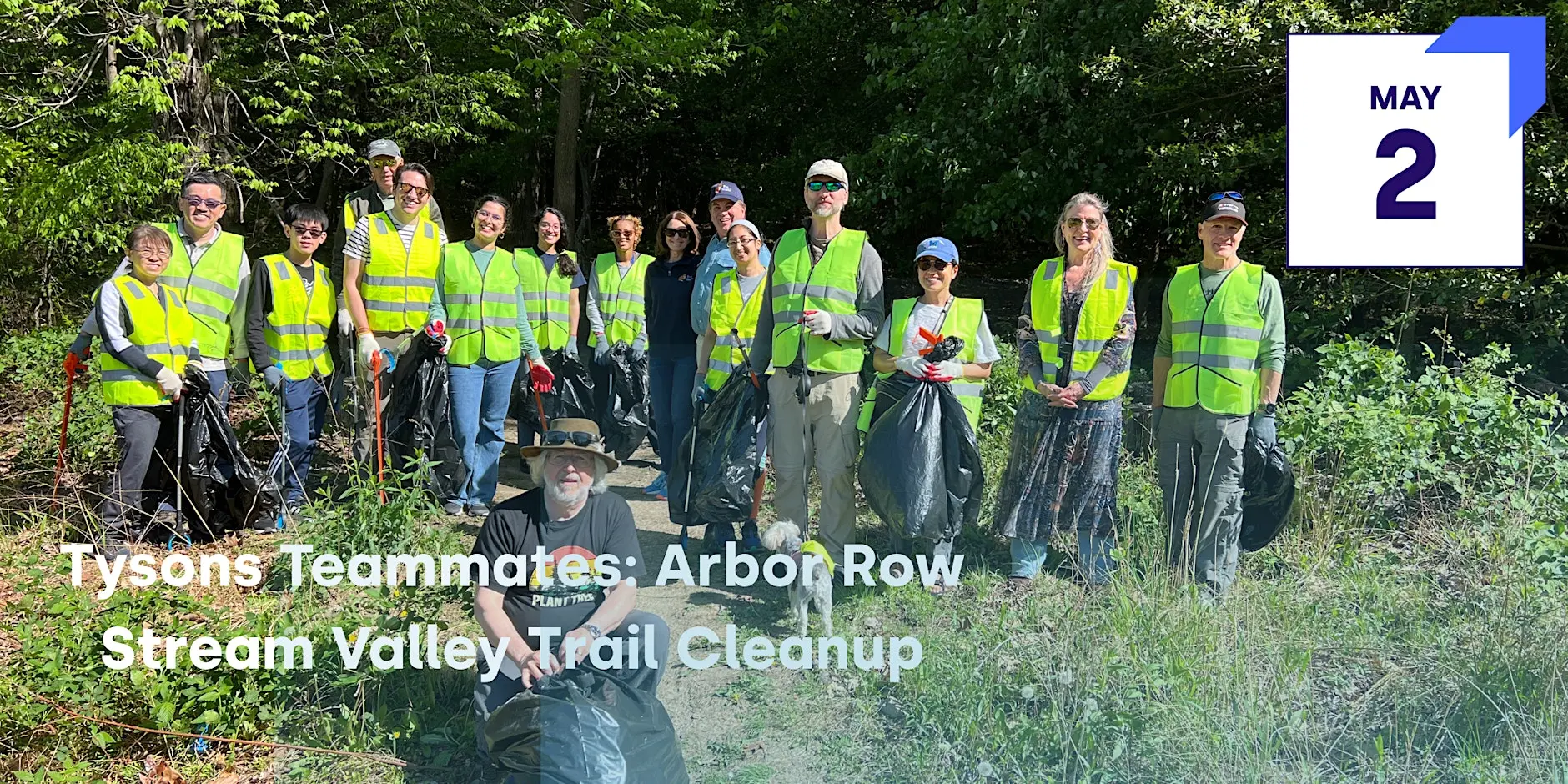 A group of people wearing yellow vests and holding trash bags in a wooded area.