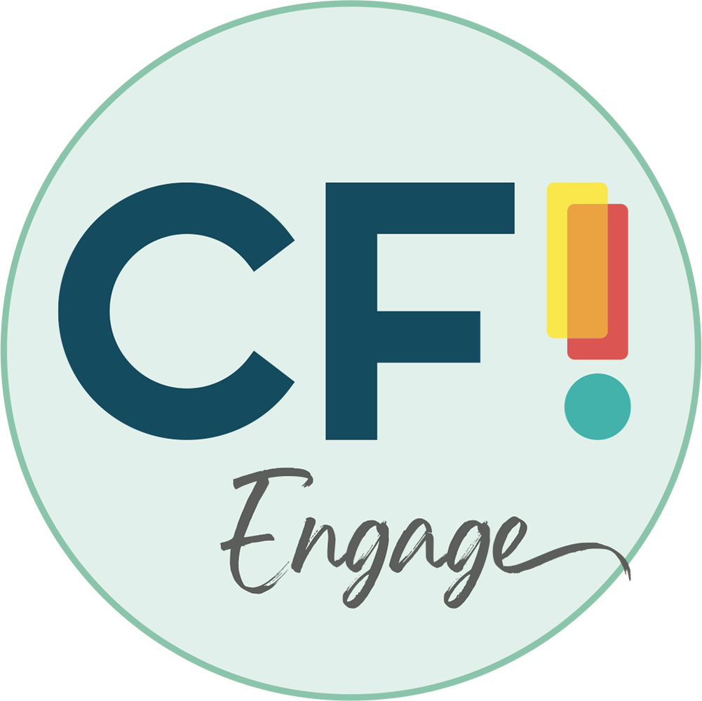 Graphic with text in a circle, CF Engage and exclamation mark.